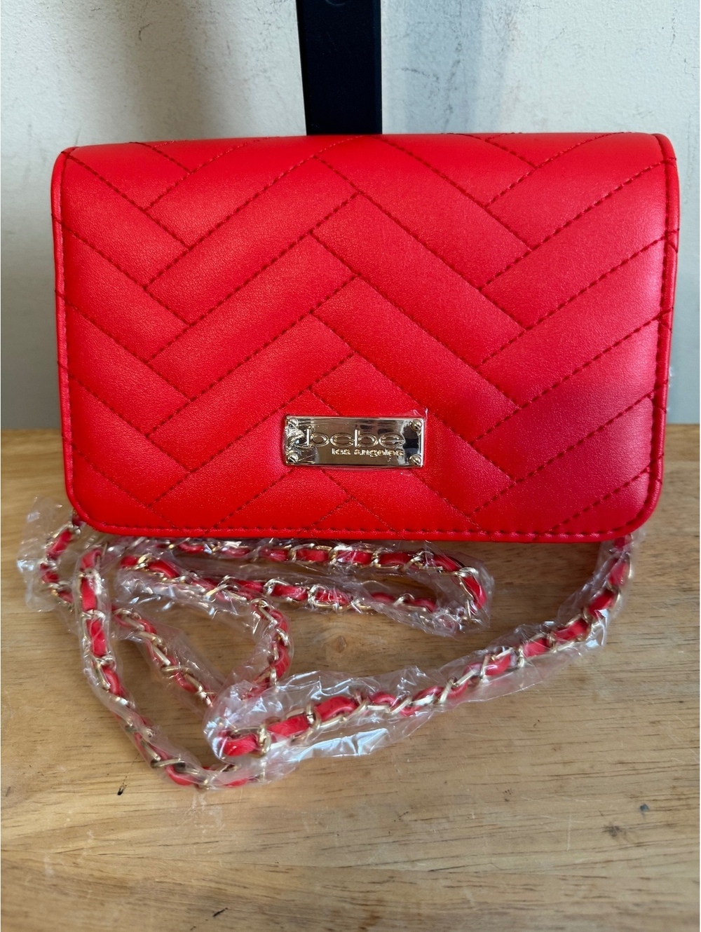 Bebe Red Quilted Crossbody Bag with Chain Strap